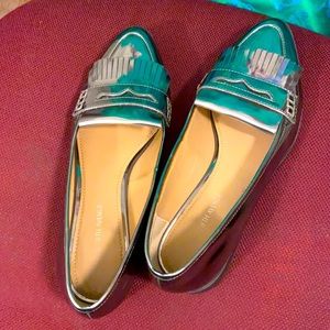 Saks fifth ave Loafers silver shoes like new 7.5 fringe buckle metallic
